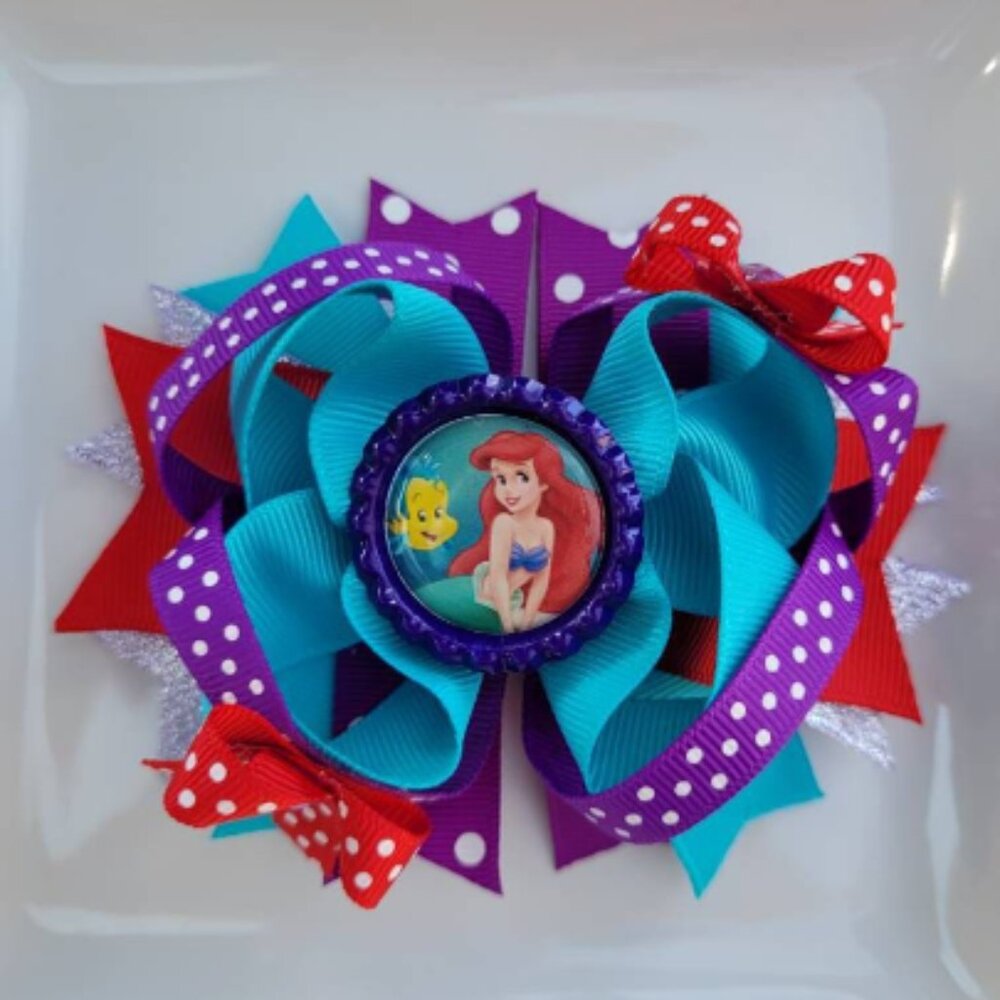 Ariel The Little Mermaid Disney Princess Turquoise Purple Red Yellow Hair Bow 5"